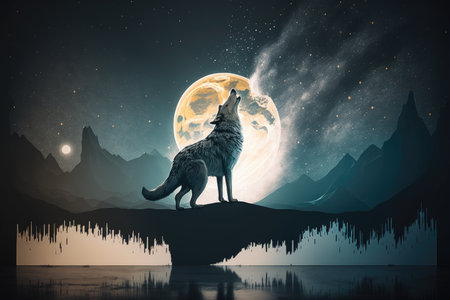 double exposure of wolf howling at moon against starry night sky, created with generative aiの素材