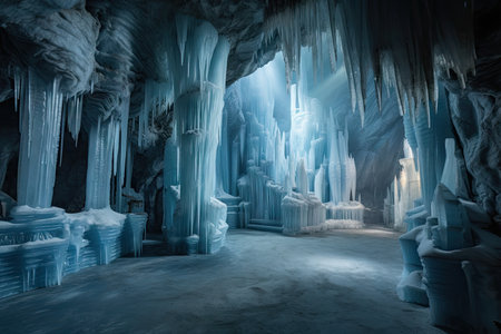 frozen cavern with towering pillars and shards of ice, the perfect backdrop for a princess or knight, created with generative aiの素材