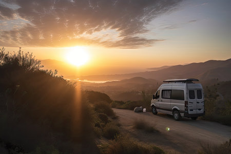 van, with view of the sunrise, on a scenic road trip, created with generative aiの素材