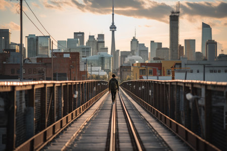 person, walking on bridge, with view of busy cityscape in the distance, created with generative aiの素材