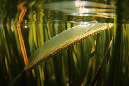 close-up of a seagrass blade, with light filtering through the water, created with generative aiの素材
