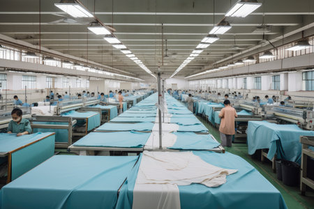 textile factory, with workers cutting, sewing, and packaging fabrics for shipment, created with generative aiの素材