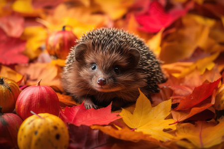 baby hedgehog surrounded by colorful and vibrant autumn leaves, created with generative aiの素材