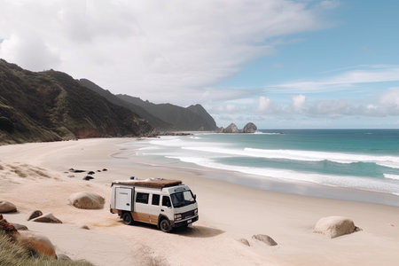 vanlife adventure with hiking and swimming on a secluded beach, created with generative aiの素材