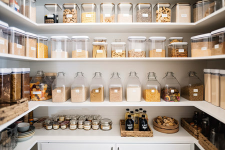 reorganized pantry with clearly labeled food and organized shelves, created with generative aiの素材