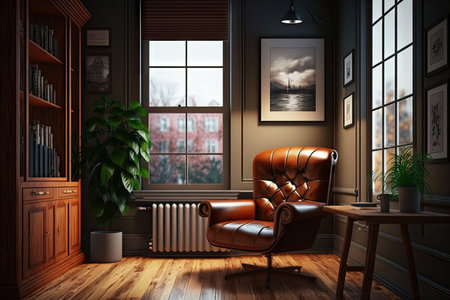 brown leather chair and wooden floor in cozy study room, created with generative aiの素材