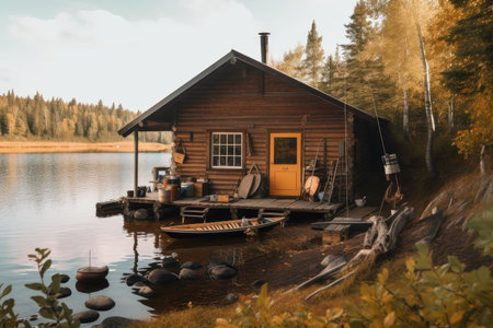 cozy cabin on the lake, with fishing and swimming gear visible in the background, created with generative aiの素材