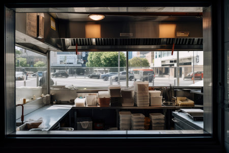 drive-thru window, with a view of the restaurant kitchen, where chefs and cooks prepare food for customers, created with generative aiの素材