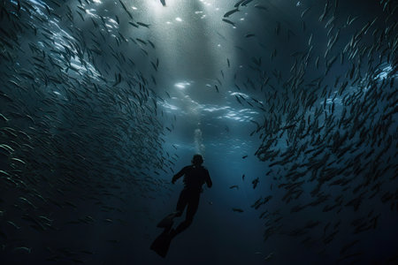 person, diving into the depths of ocean, with schools of fish swimming around, created with generative aiの素材