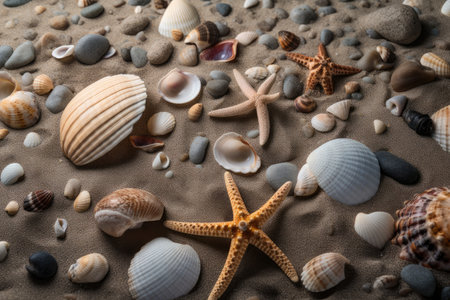 seashells, sand, and starfish on the beach, created with generative aiの素材