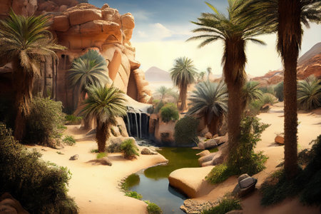 the oasis with gushing waterfalls and lush greenery, surrounded by arid desert, created with generative aiの素材