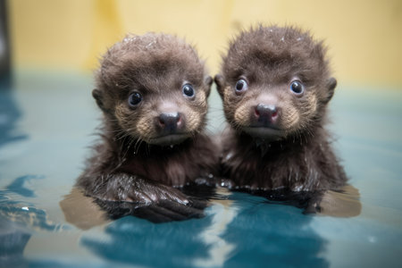 baby otters floating on water, holding hands while looking at the camera, created with generative aiの素材