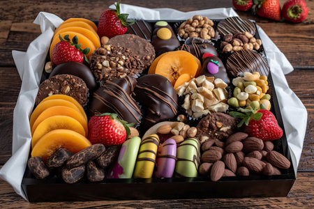 tray of assorted fruits and nuts, each covered with decadent chocolate, created with generative aiの素材