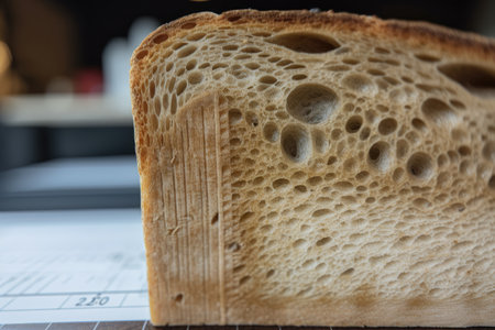 close-up of slice of bread, with geometric pattern and scoring visible, created with generative aiの素材