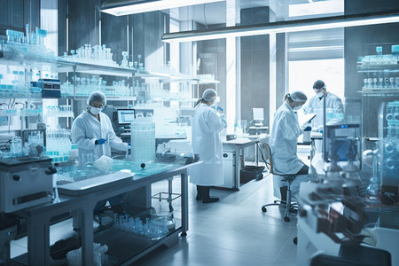 stem cell research lab, with scientists and doctors conducting experiments and clinical trials, created with generative aiの素材