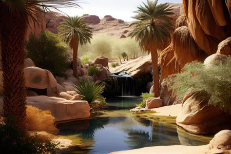 oasis in the desert, with waterfall cascading down the rocks and into pool, created with generative aiの素材