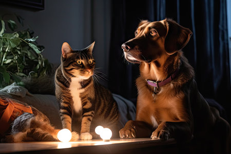 scene of cat and dog responding to emergency at night, with lights flashing and sirens blaring, created with generative aiの素材