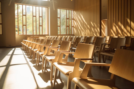 a row of wooden chairs in a lecture hall with contemporary design and natural lighting, created with generative aiの素材