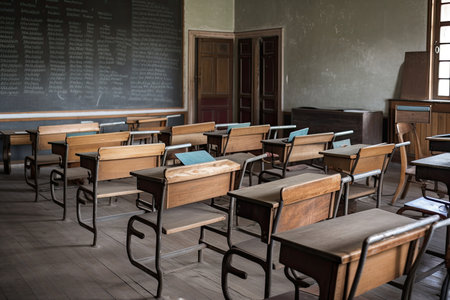 a classroom, with rows of wooden chairs facing a blackboard and chalk, created with generative aiの素材