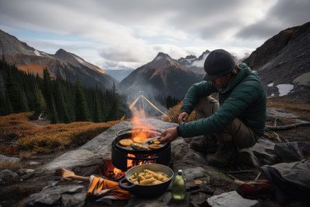 hiker cooking meal over campfire, with view of the mountain range in the distance, created with generative aiの素材