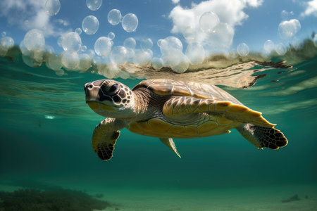 baby turtle, surrounded by cloud of bubbles, starts journey to the ocean, created with generative aiの素材