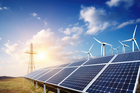 energy company, showcasing its sustainable energy solutions with solar panels and wind turbines, created with generative aiの素材