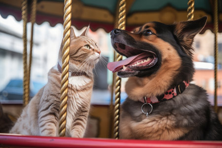 a cat and dog riding the carousel together, their tongues hanging out, created with generative aiの素材
