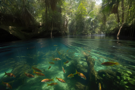tropical freshwater ecosystem with lush vegetation and schools of fish, created with generative aiの素材