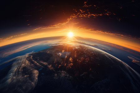 sun rises over planet earth, with magical sunrise in the background, created with generative aiの素材