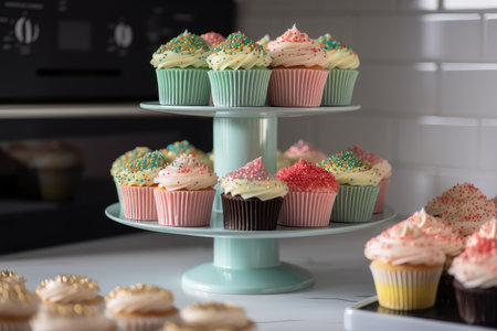 cupcake tower, decorated with piped frosting and sprinkles, created with generative aiの素材