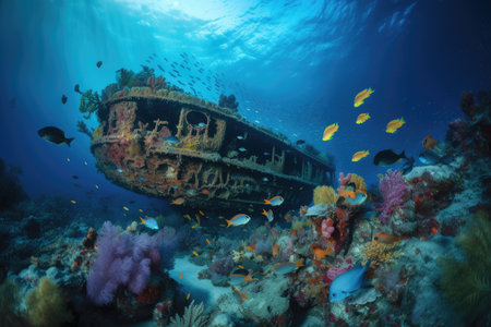 submersible cruising through dense coral reef, surrounded by colorful fish, created with generative aiの素材