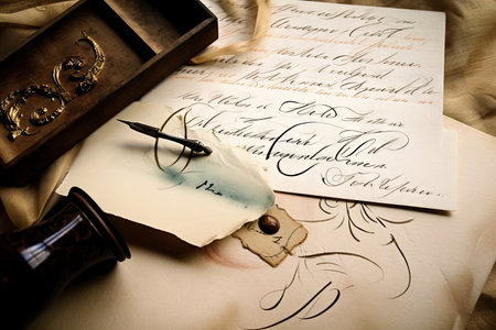 calligraphic wedding invitation with scrolling script and flourishes, created with generative aiの素材