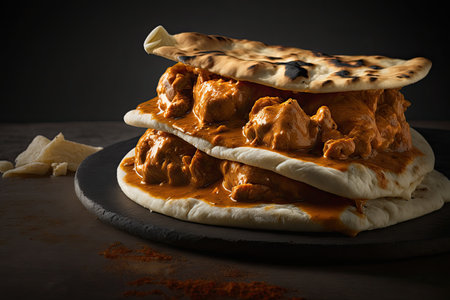 stack of warm naan bread topped with flavorful tikka masala, created with generative aiの素材