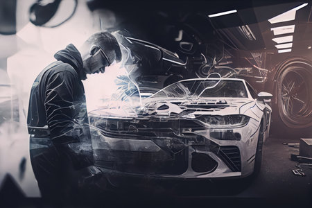 double exposure of person working on car, with background of busy workshop, created with generative aiの素材