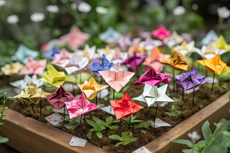 origami flower garden, with delicate blooms and foliage in full bloom, created with generative aiの素材