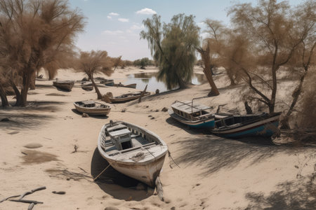 drought-stricken area, with dried up riverbed and abandoned fishing boats, created with generative aiの素材