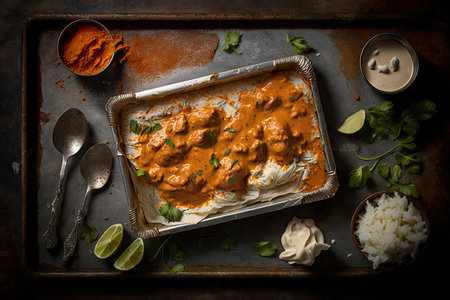 tray of freshly cooked chicken tikka masala, with creamy sauce and fragrant spices, created with generative aiの素材