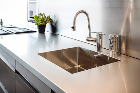stainless steel countertops with built-in sink and faucet in modern kitchen, created with generative aiの素材