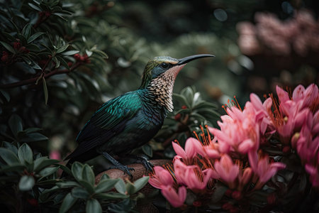 exotic bird sitting on blooming flower, amid lush garden, created with generative aiの素材