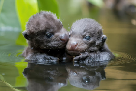pair of baby otters floating in tranquil pond, their hands intertwined, created with generative aiの素材