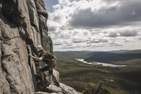 rock climber scaling vertical wall of towering rock, with view of the surrounding landscape visible in the background, created with generative aiの素材