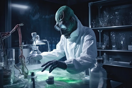 alien scientist experimenting with chemical compounds in laboratory, created with generative aiの素材