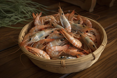 basket overflowing with tiger shrimp prawns, ready for cooking, created with generative aiの素材