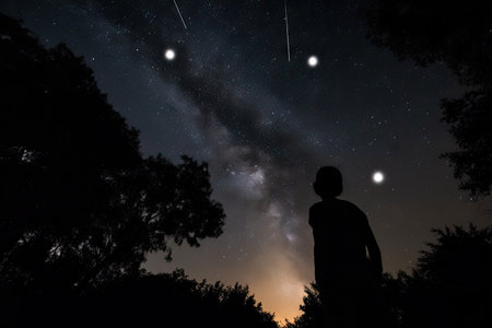 person, looking up at night sky, with shining stars and planets visible, created with generative aiの素材
