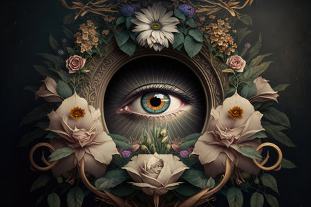 wreath of flowers, with all-seeing eye in the center, created with generative aiの素材