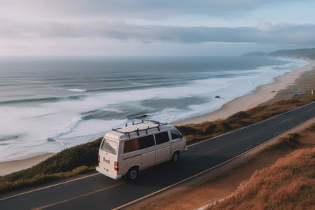 van with view of the ocean, waves rolling in during road trip, created with generative aiの素材