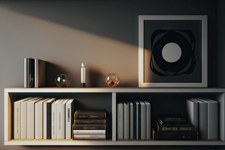 a minimalist bookshelf with a few carefully selected books, created with generative aiの素材