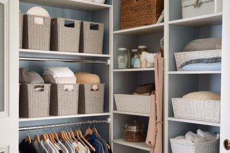a closet with an array of baskets, bins, and hooks for storage, created with generative aiの素材