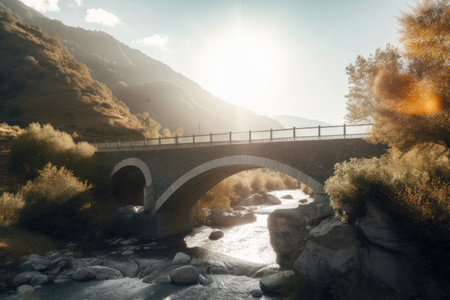 a bridge that cuts across a valley, with the sun shining on the water, created with generative aiの素材