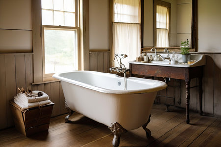 bathroom, with vintage sink and clawfoot tub, in rustic farmhouse, created with generative aiの素材